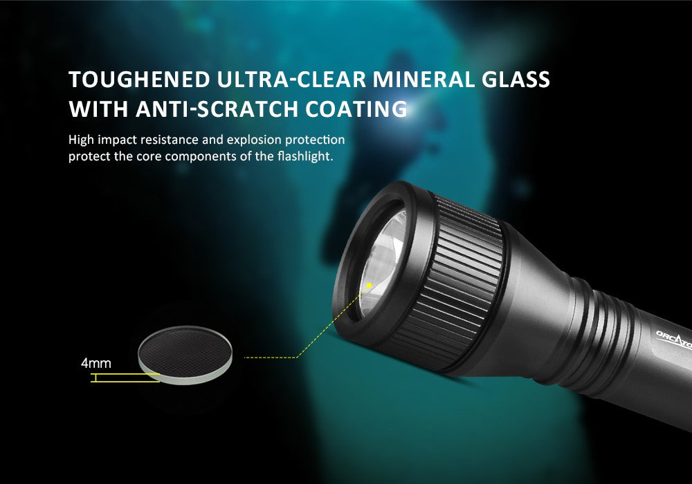 OrcaTorch D550 scuba diving light Toughened ultra-clear mineral glass with anti-scratch coating