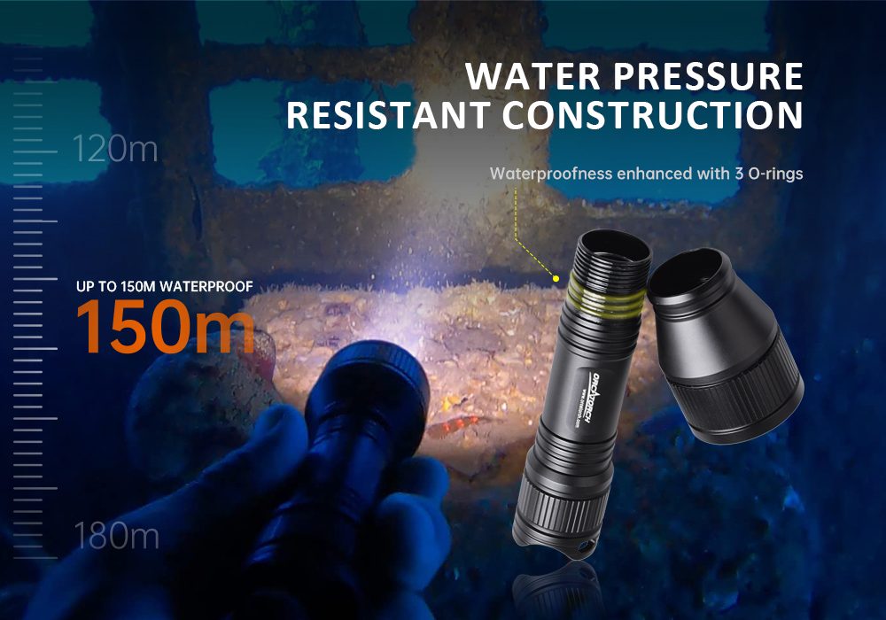 OrcaTorch D550 scuba diving light water pressure resistant constrcution 150m waterproof