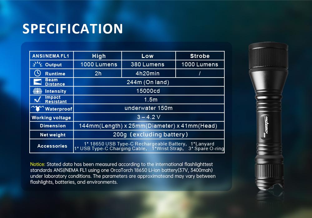 OrcaTorch D550 scuba diving light Specifications