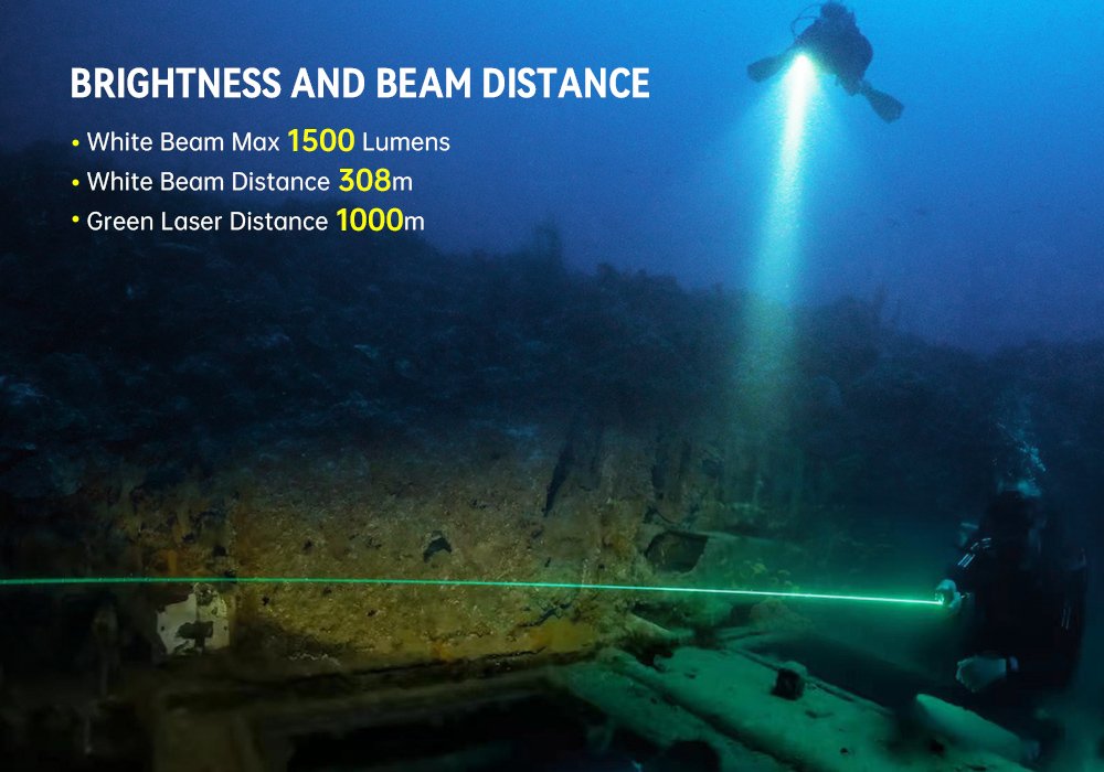 OrcaTorch D570-GL 2.0 Diving Light 1500 lumens and 308m beam distance