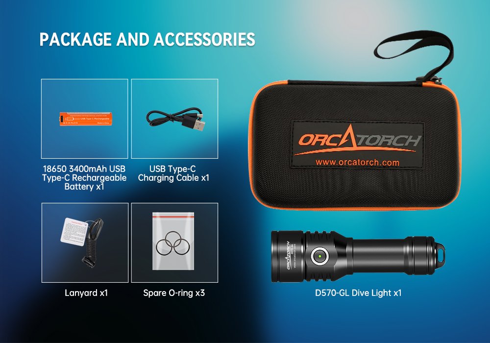 OrcaTorch D570-GL 2.0 Diving Light Package and Accessories