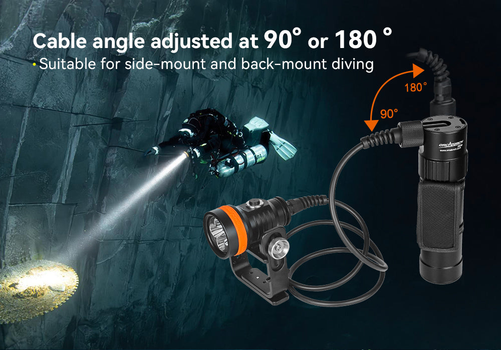 OrcaTorch D630 v2.0 canister dive light Cable angle adjusted at 90° or 180°， suitable for side mount and back mount diving