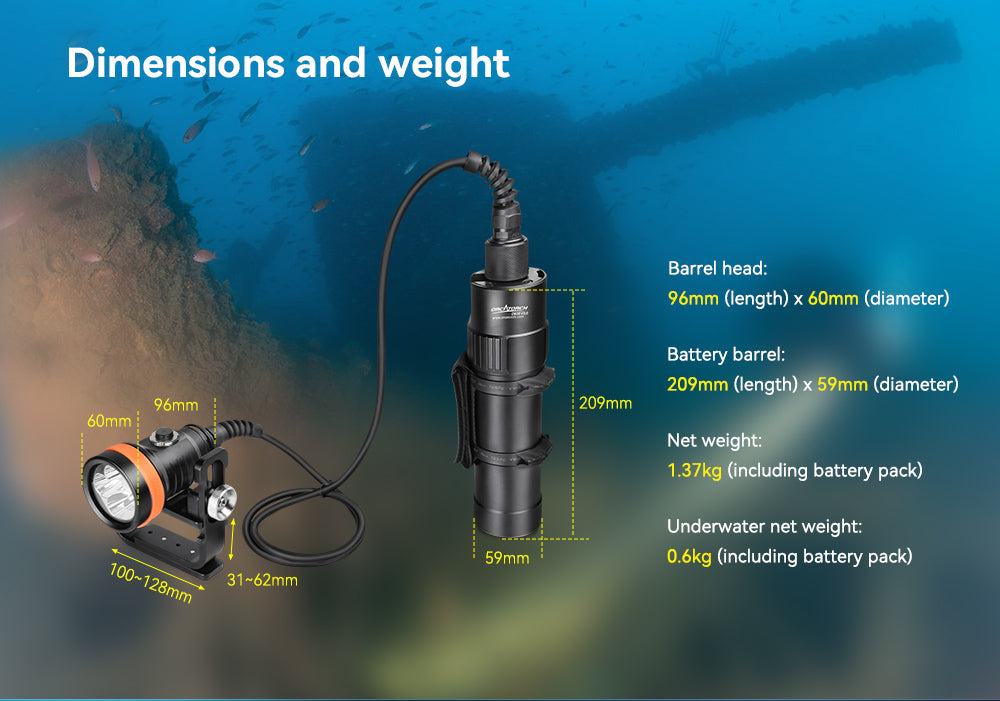 OrcaTorch D630 v2.0 canister dive light dimensions and weight