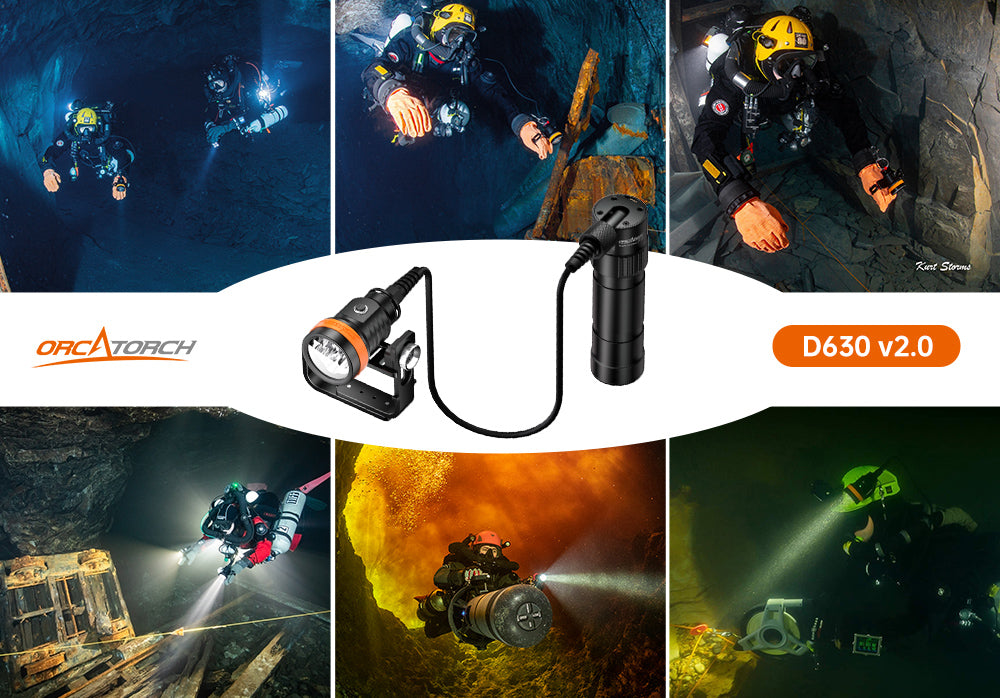 OrcaTorch D630 v2.0 canister dive light multiple applications, technical diving, cave diving, underwater light, underwater rescue