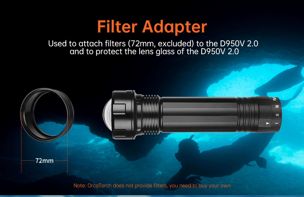 OrcaTorch D950V 2.0 Dive Light - Filter adapter ring, compatible with 72mm filter