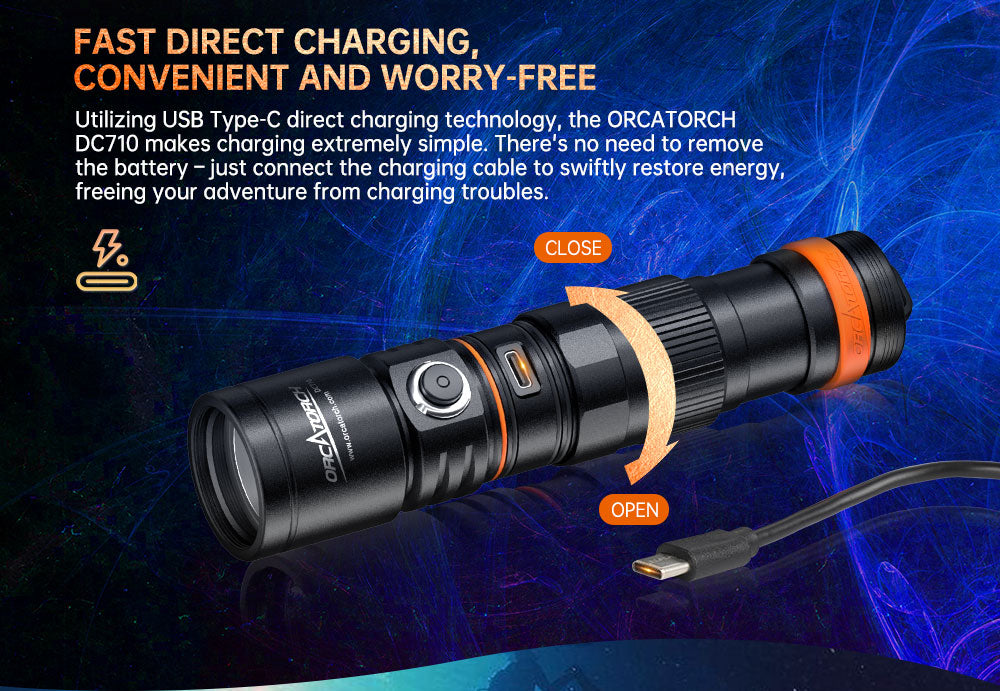 OrcaTorch DC710 Dive Light, Fast Direct Charging, Convenient and Worry-Free