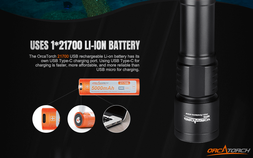 OrcaTorch D700 Dive Light 21700 USB-C 5000mAh Rechargeable Battery