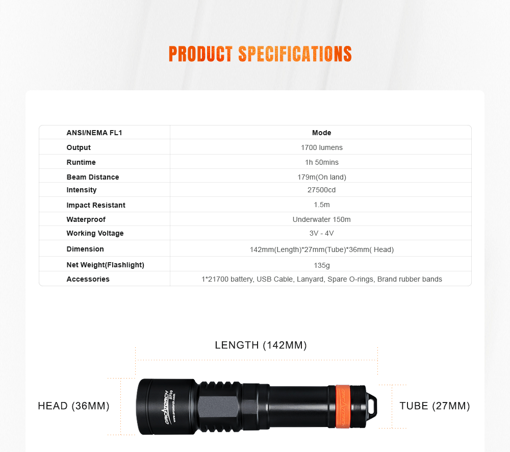 OrcaTorch D700 Dive Light Specification