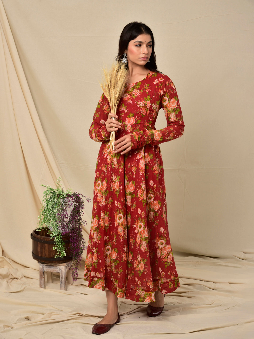 Cotton Umbrella Dress in Floral Jaal Red – ChhipaPrints