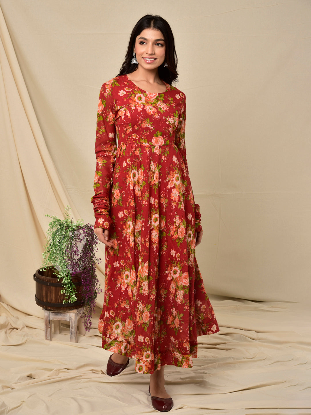 Cotton Umbrella Dress in Floral Jaal Red – ChhipaPrints