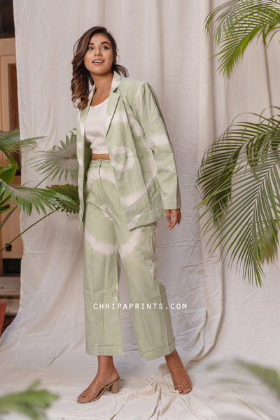 Cotton Jalebi Tie Dye Blazer Co Ord Set in Celadon Green