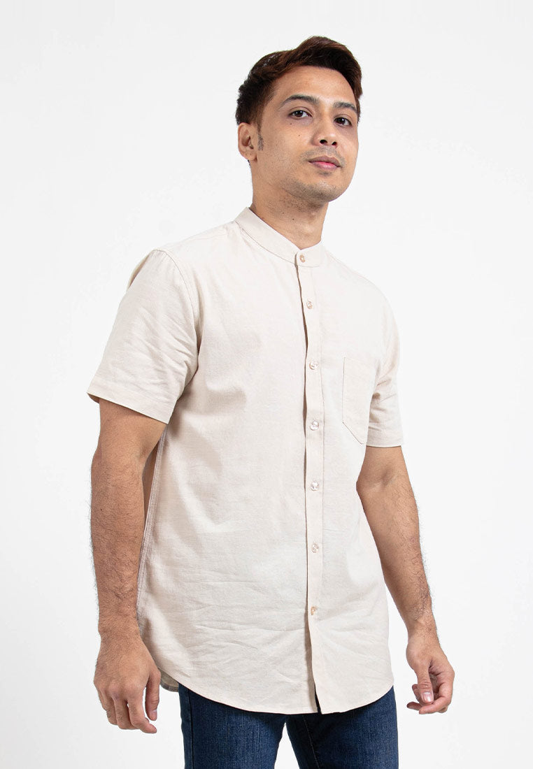 Forest Cotton Woven Short Sleeve Mandarin Collar Plain Men Shirt