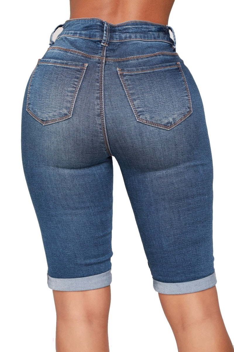 Knee Length Pleated Denim Shorts Women Push Up Elastic Mid Waist Biker Short Jeans Women Summer  Black Shorts Streetwear - SunLify