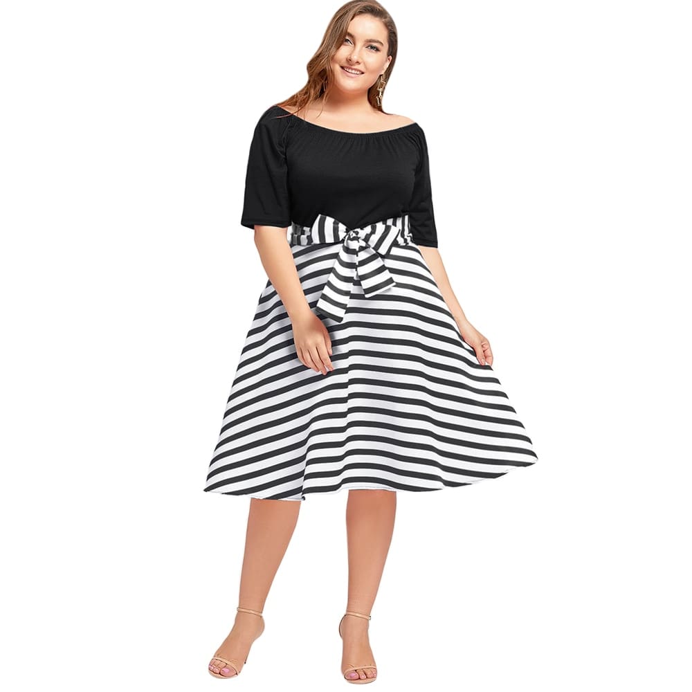 Stripe Women Vintage Dress Half Sleeves High Waist Bowknot Plus Size