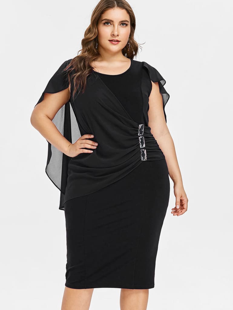 Rhinestone Ruched Embellished Capelet Dress O-Neck Sleeveless Plus Size