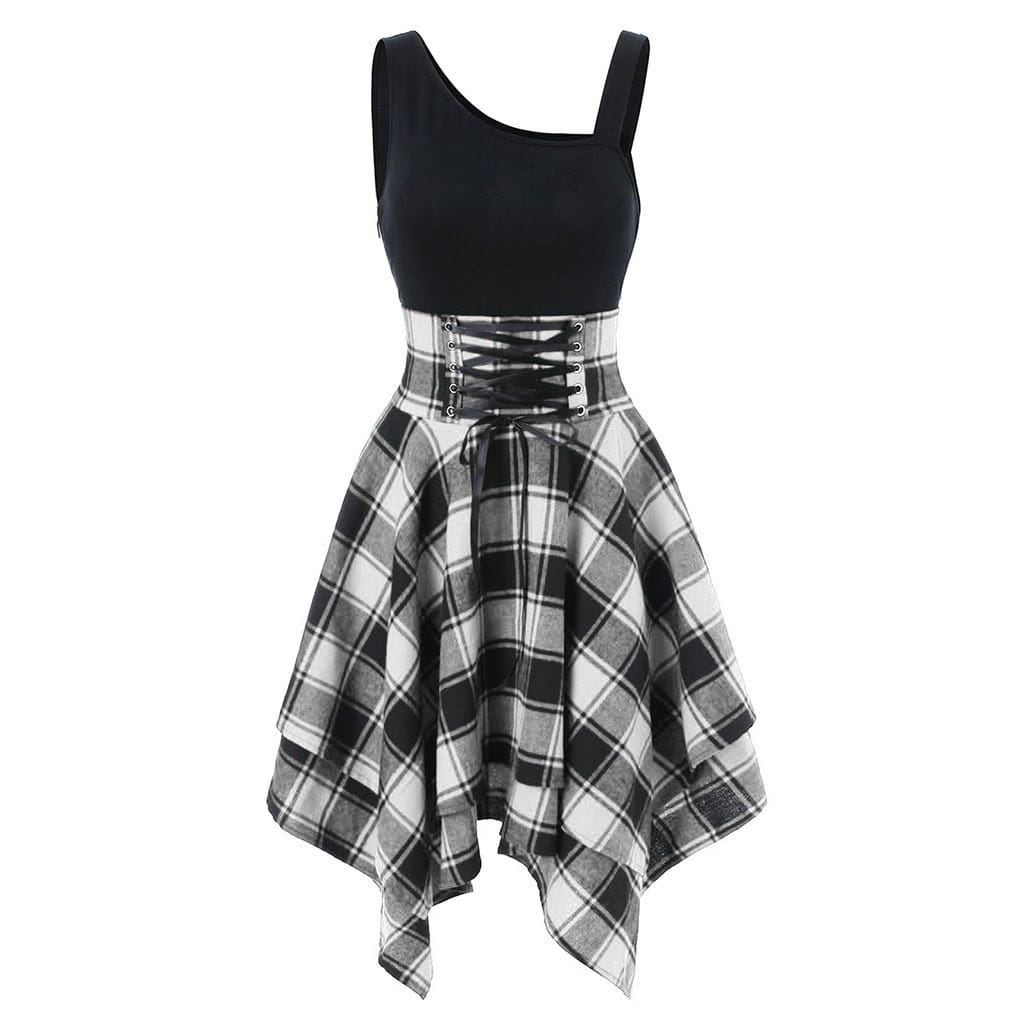 Women Sleeveless Cold Shoulder Cross Lace Up Plaid Asymmetrical Dress