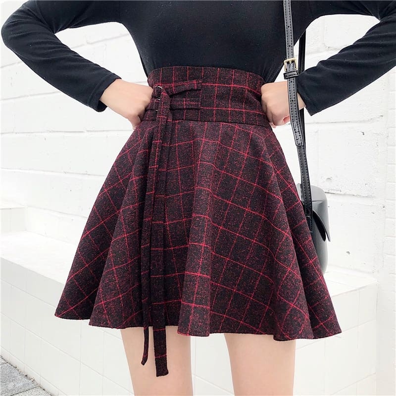 Plaid Pleated Ball Gown High Waist Lace Up Wool Skirt Bottom – Hplify