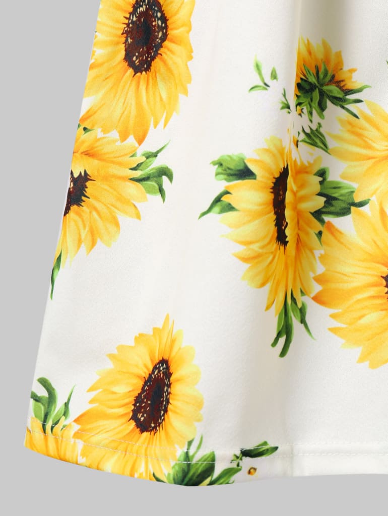 Sunflower Printing Button Up A Line Off Shoulder Sleeveless Dress