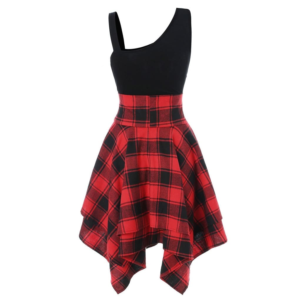 Women Sleeveless Cold Shoulder Cross Lace Up Plaid Asymmetrical Dress