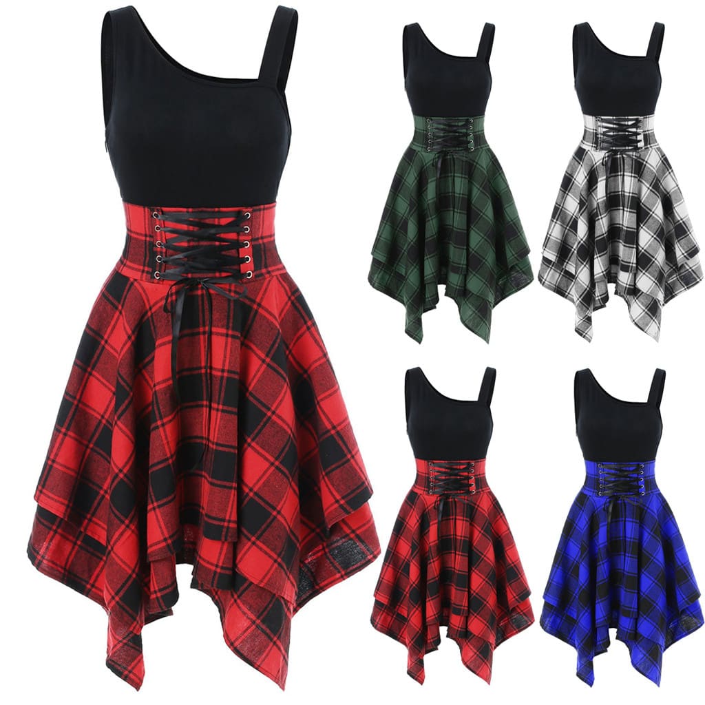 Women Sleeveless Cold Shoulder Cross Lace Up Plaid Asymmetrical Dress