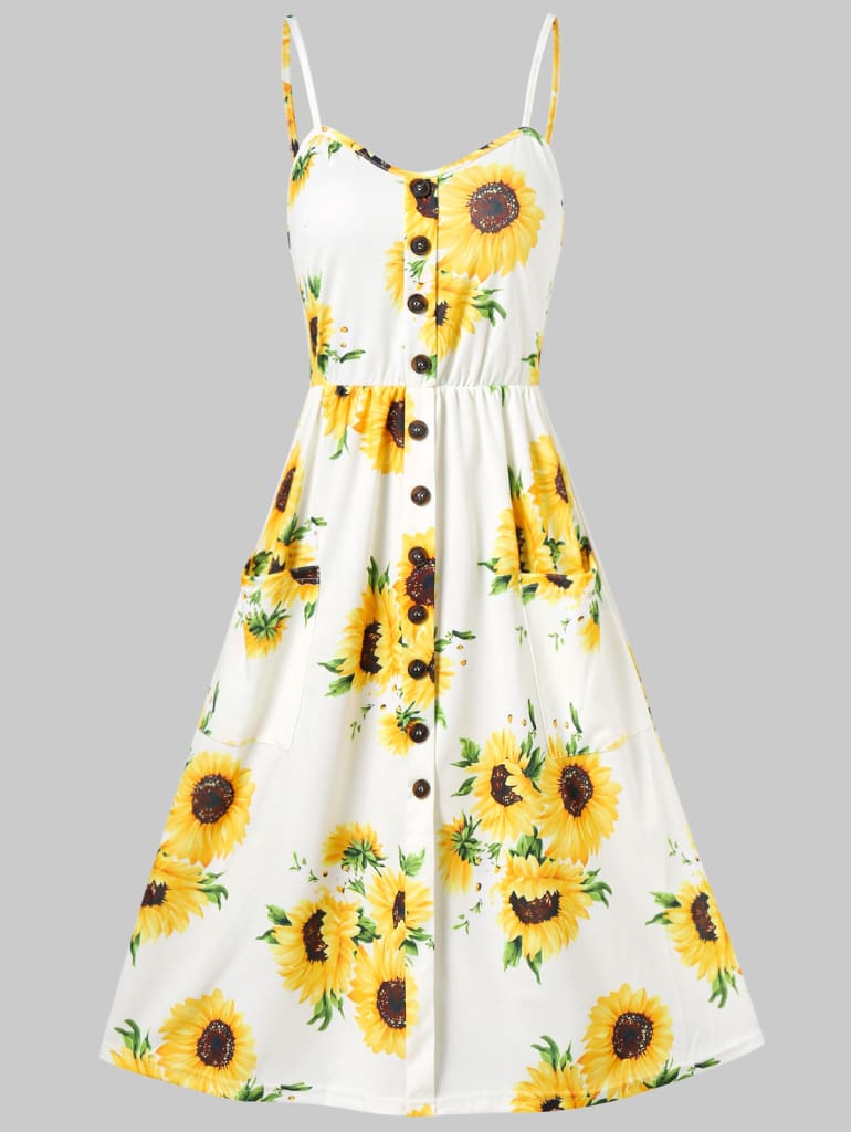 Sunflower Printing Button Up A Line Off Shoulder Sleeveless Dress