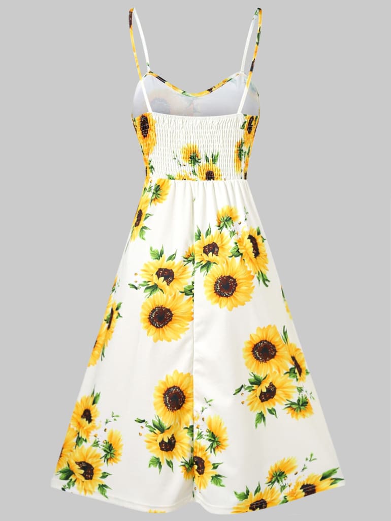 Sunflower Printing Button Up A Line Off Shoulder Sleeveless Dress