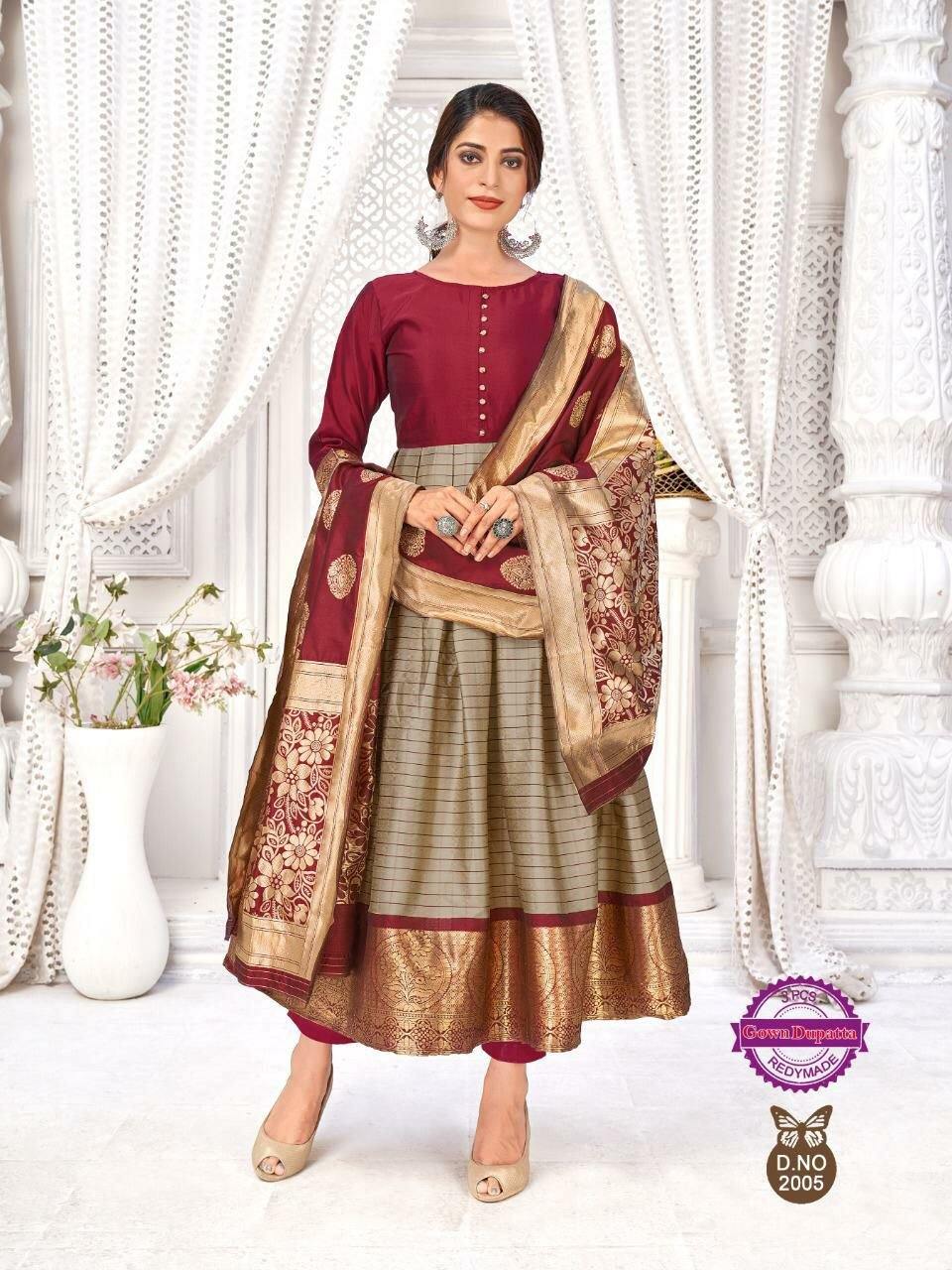 Choco Tussar Silk Party Wear Anarkali Banarasi Dupatta Gown – Sulbha  Fashions