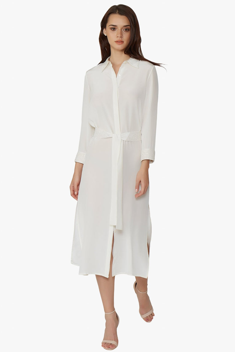 white silk shirt dress