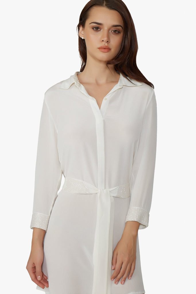 white silk shirt dress