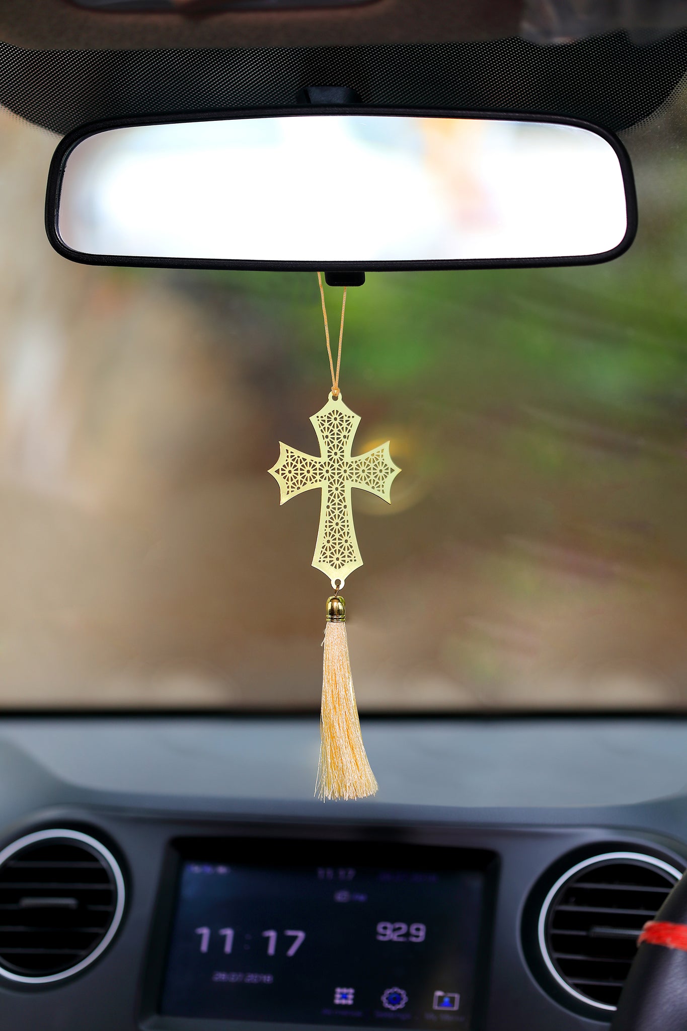 Buy Adoraa’s handcrafted cross car rear view mirror décor hanging