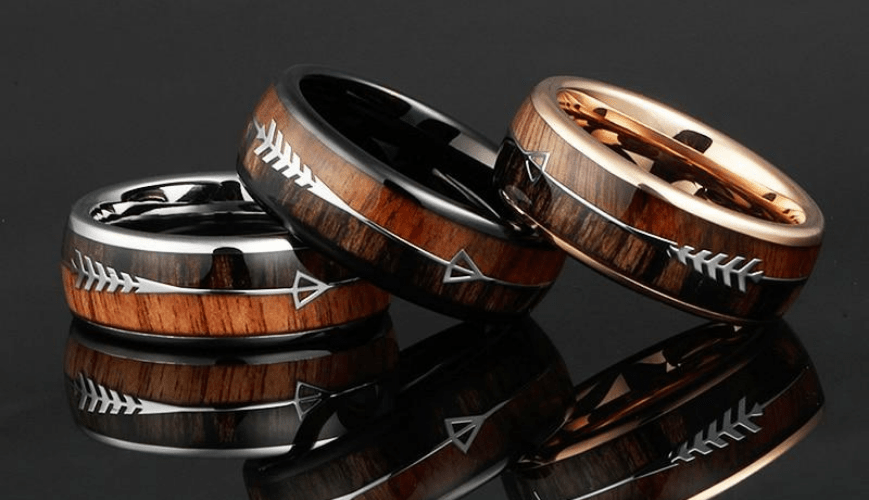 bague en bois flèche et tungstène rose argent noir