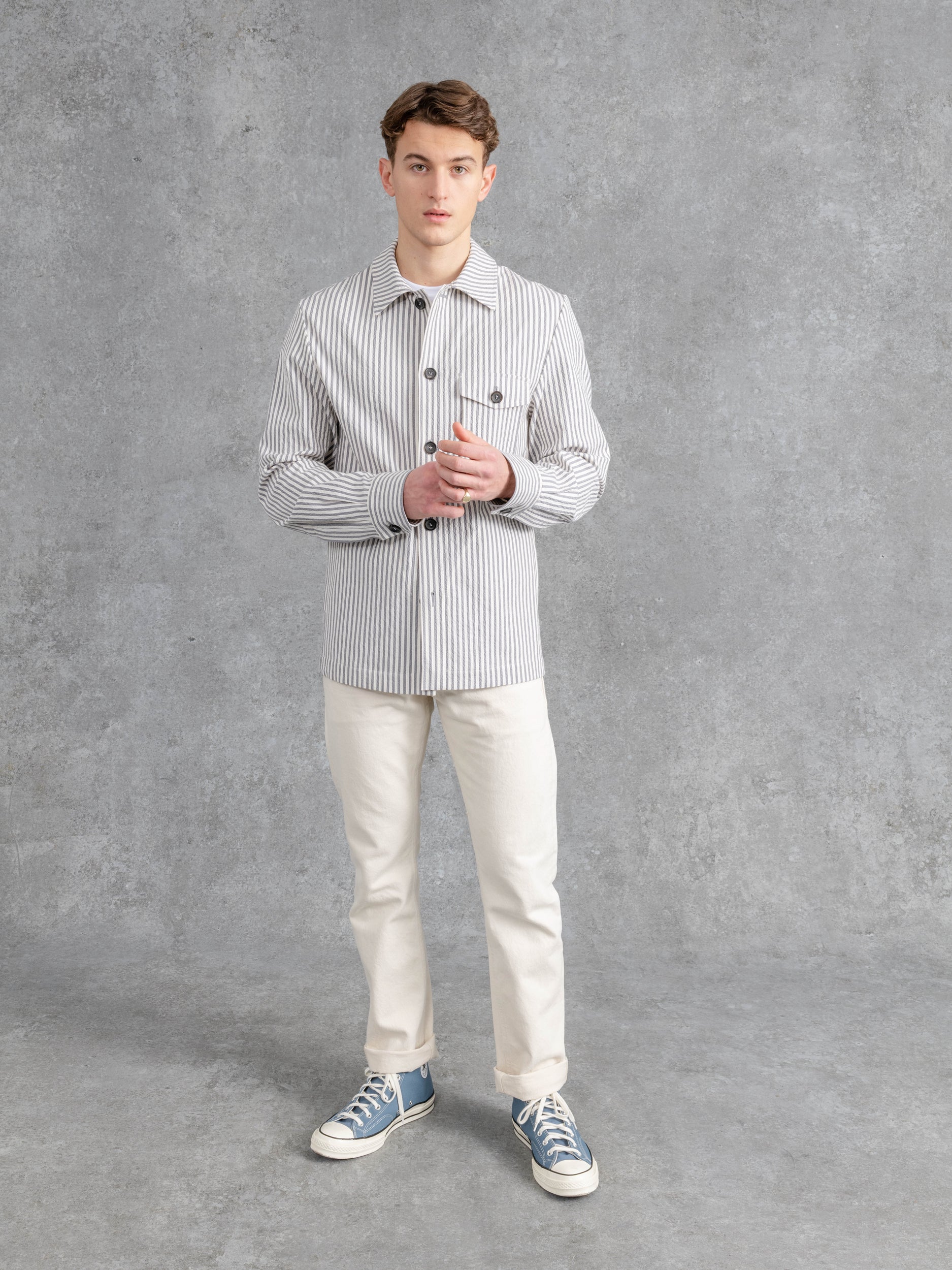 SEERSUCKER PATCH POCKET OVERSHIRT GREY 1