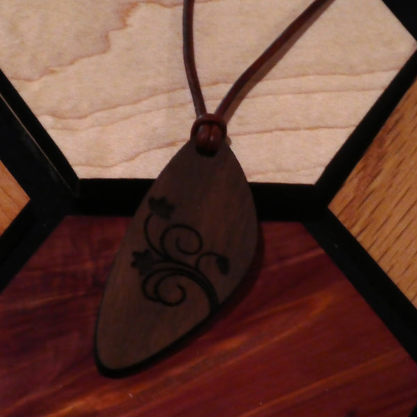 Necklace | Walnut | Floral | Mid-Century Modern | Leather Cord | Natural Tone | Hand Finished - Sword and Skull, LLC
