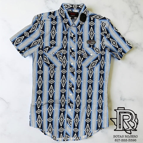 ‘’LEONARD’’ MEN’S ROCK & ROLL BLUE AZTEC PRINT SHORT SLEEVE SHIRT |BMN3S06491