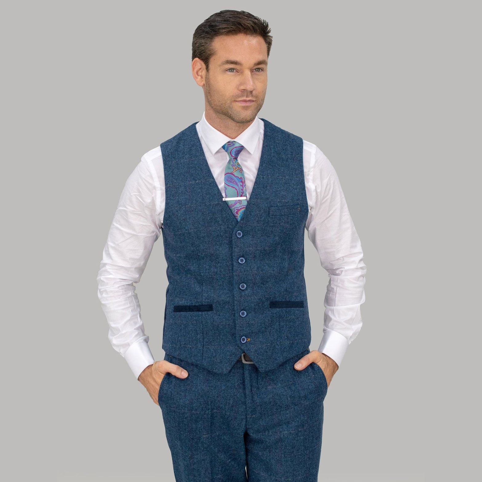 Blue Tweed Waistcoat | Mens Blue Tweed Waist Coats | THREADPEPPER