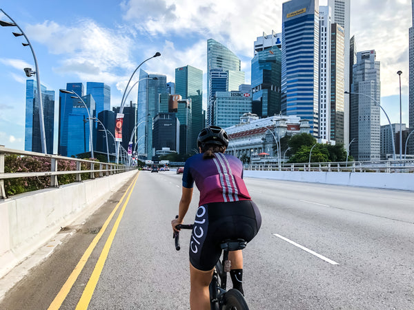 Ciclo Cyclist wearing cycling jersey and bib shorts in Singapore