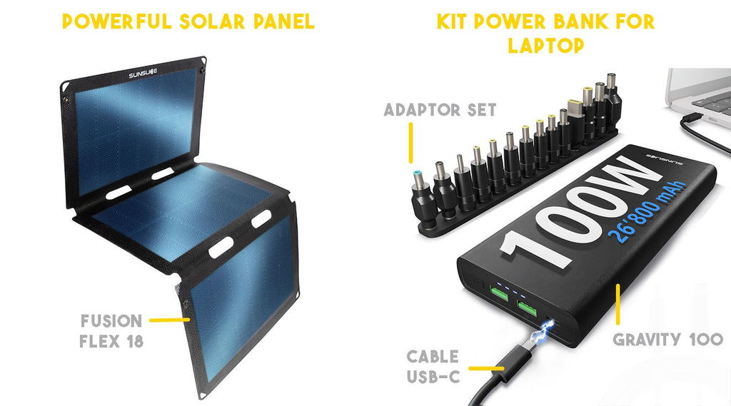 Powerful solar power bank Fusion flex 18 and the kit power bank for laptop ( adaptor set, gravity 100, cable usb-C)