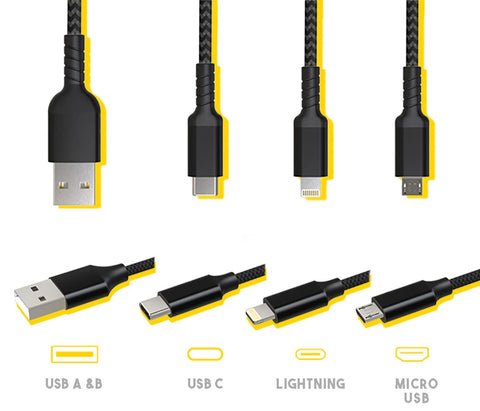 Explain usb type A, B, C, lightning and micro-USB