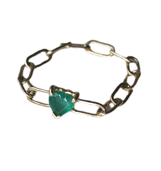 Gold Chain Ring Emerald Heart