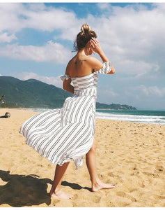New Sexy Stripe Strapless Backless Irregular Beach Maxi Dress
