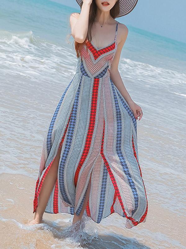 Sexy Bohemia Spaghetti Straps Deep V Neck Backless Beach Maxi Dress