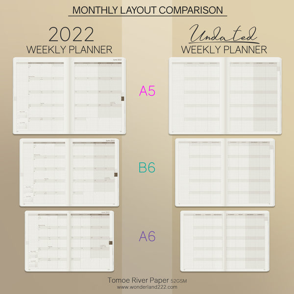Wonderland 222 Dated and Undated Weekly Planner Comparison - Monthly Spread