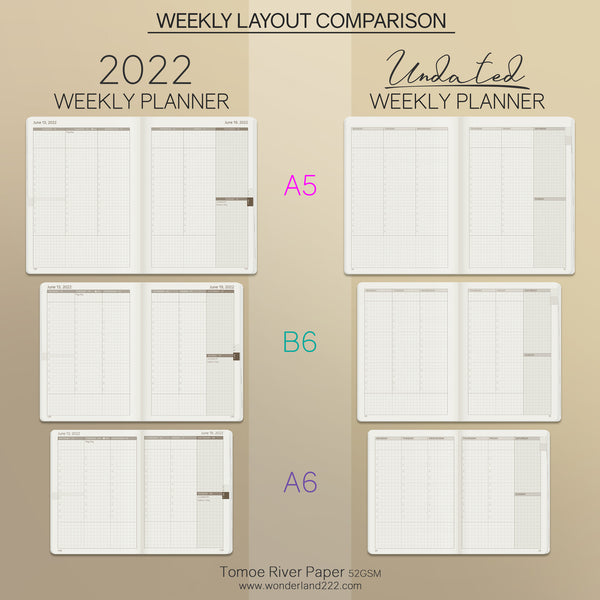 Wonderland 222 Dated and Undated Weekly Planner Comparison - Weekly Spread