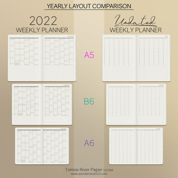 Wonderland 222 Dated and Undated Weekly Planner Comparison - Yearly Spread