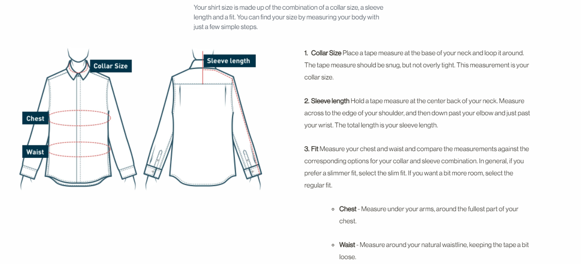 DET smart shirt sizing guide