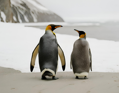 Penguins on Snowy Beach