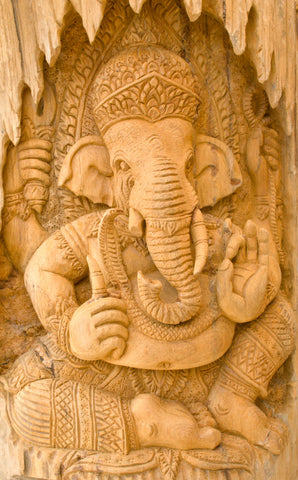 Elephant God Carved into Sandalwood tree in Hindu Religon. 