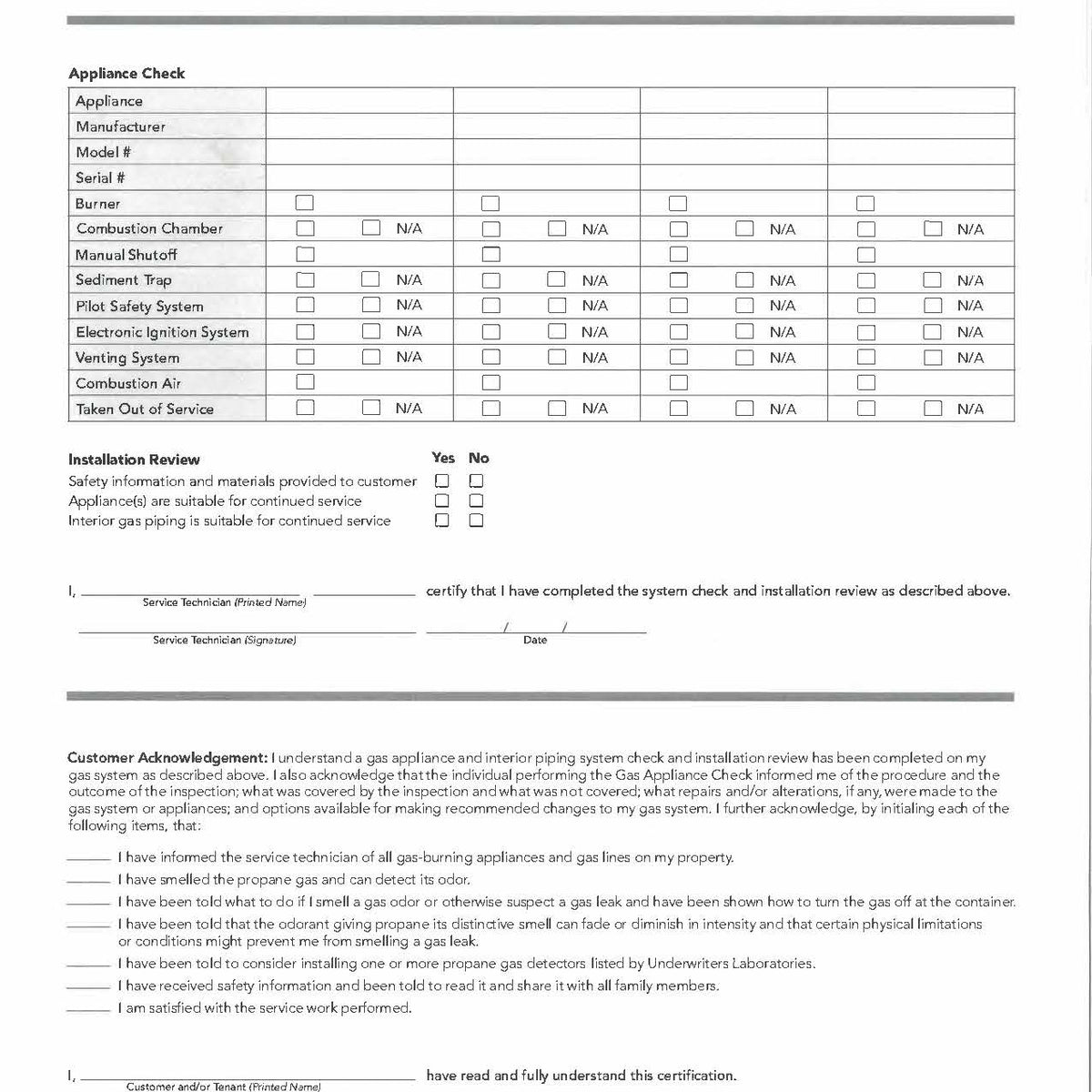 GAS CHECK GAS APPLIANCE SYSTEM CHECK FORM — PSC