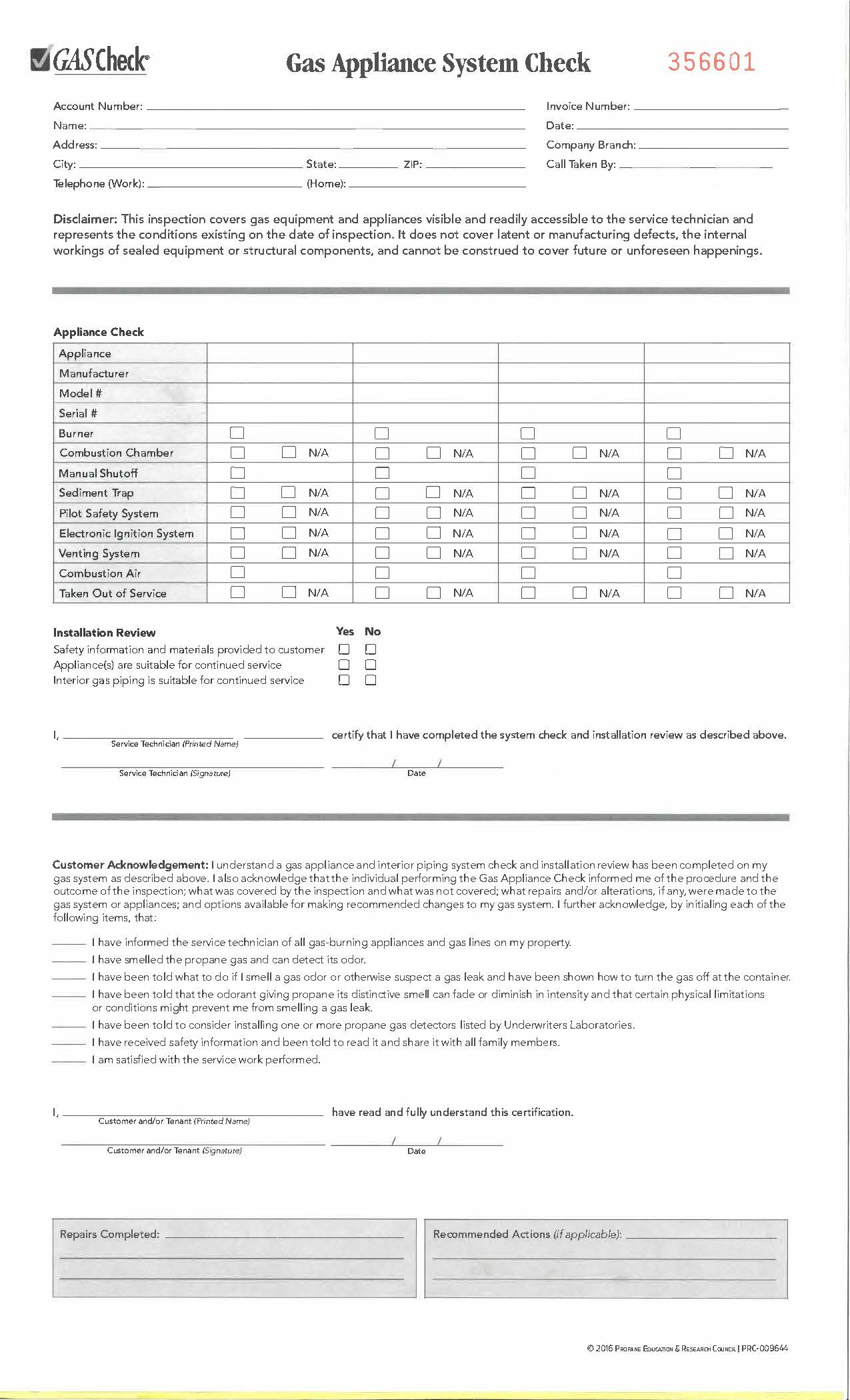 GAS CHECK GAS APPLIANCE SYSTEM CHECK FORM — PSC