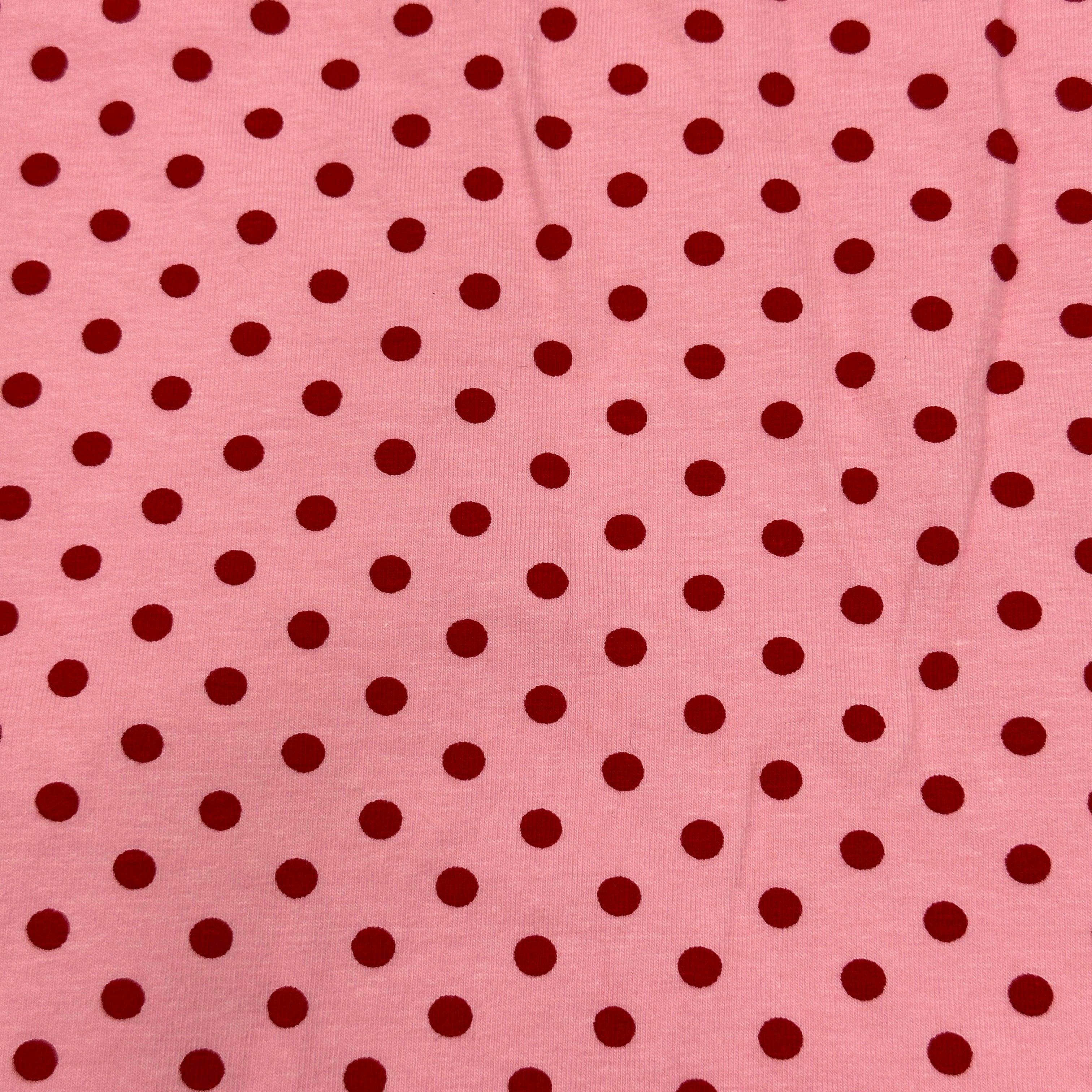 Image of Red Dots on Pink Cotton/Spandex Jersey Fabric